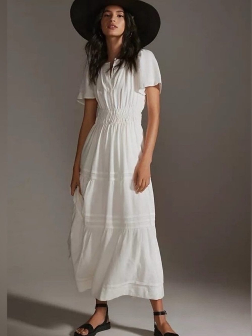 Anthropologie Somerset Maxi Dress Tiered Smocked Split Neck Linen White Size Xs